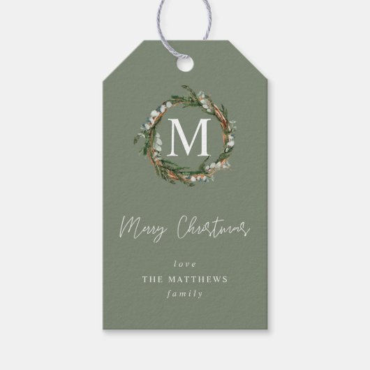Étiquettes-cadeau Monogramme de la couronne d'eucalyptus gris (Devant)
