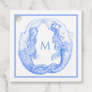 Étiquettes Cadeau Monogramme de sirènes Art Nouveau bleu Delft vinta