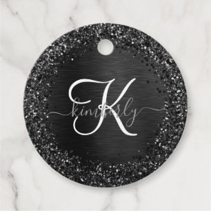 Étiquettes Cadeau Monogramme d'étincelle à Parties scintillant noire