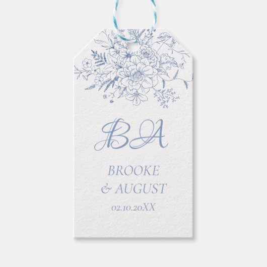 Étiquettes-cadeau Monogramme Dusty Mariage bleu (Devant)