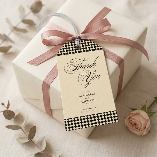 Étiquettes-cadeau Monogramme Élégant Crème Noir Damier