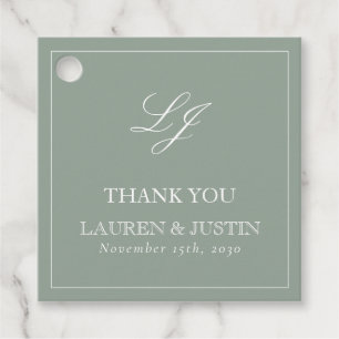 Étiquettes Cadeau Monogramme Elegant Sage Green Merci Mariage