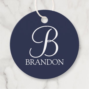 Étiquettes Cadeau Monogramme et nom de script personnalisé bleu mari