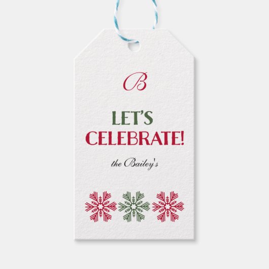 Étiquettes-cadeau Monogramme Flammes de neige rouge et verte (Devant)