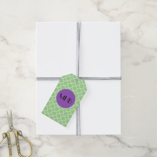Étiquettes-cadeau Monogramme - forme de Quatrefoil - blanc vert (Avec de la ficelle)
