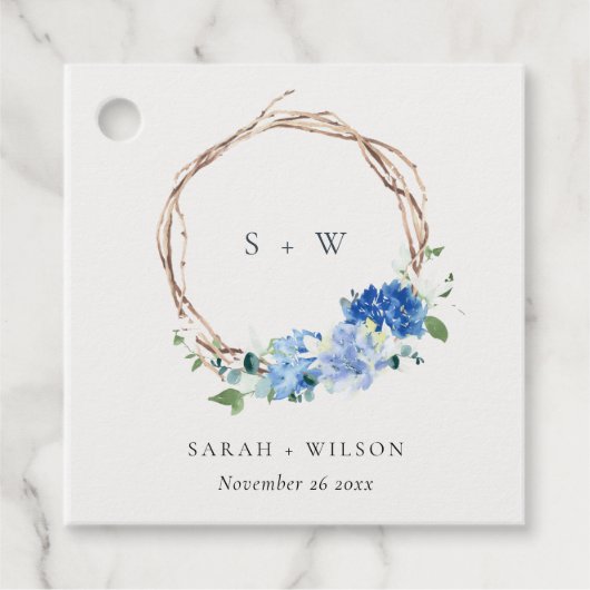 Étiquettes Cadeau Monogramme Mariage en bois floral bleu vif (Devant)