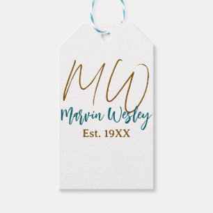 Étiquettes-cadeau Monogramme marron bleu turquoise année d'estimatio