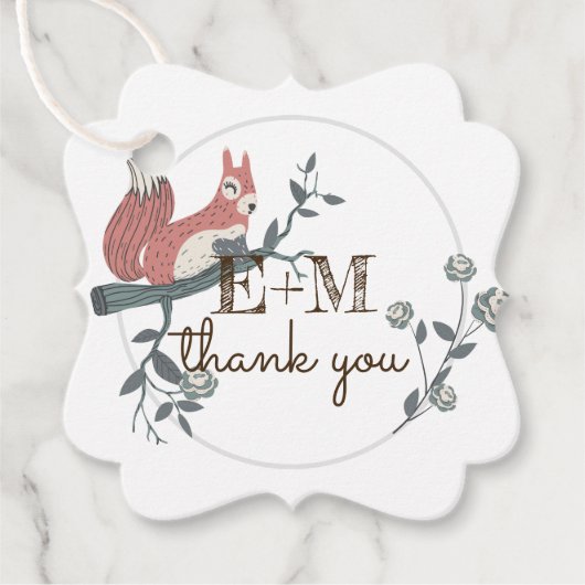 Étiquettes Cadeau Monogramme Merci Bois Rustique Écureuil de la Forê (Devant)
