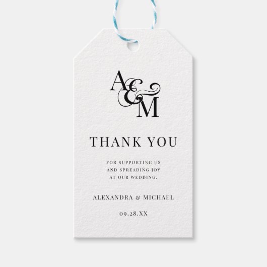 Étiquettes-cadeau Monogramme noir blanc Mariage simple Merci (Devant)