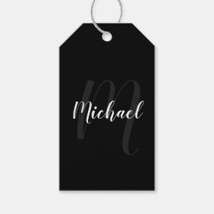 Étiquettes-cadeau Monogramme personnalisé noir et nom
