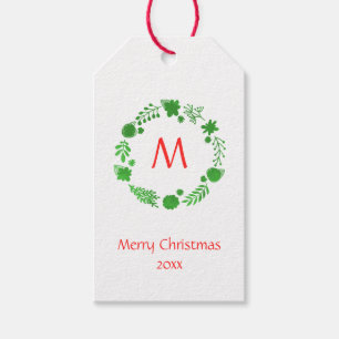 Étiquettes-cadeau Monogramme rouge de couronne de Noël vert