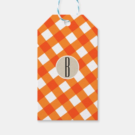 Étiquettes-cadeau Monogramme rustique Kraft Plaid Blanc orange initi (Devant)