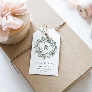 Étiquettes-cadeau Monogramme Verdure Baby shower de couronne Merci