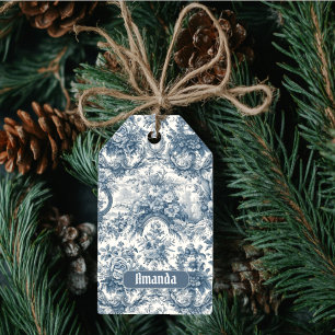 Étiquettes-cadeau monogramme vintage fleuri Blue toile de jouy