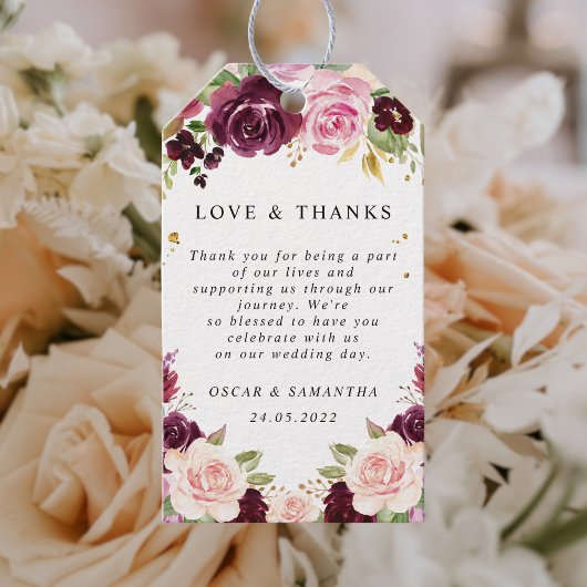 Étiquettes-cadeau Moody & Rustic Burgundy Watercolor Fleurs & Leaf