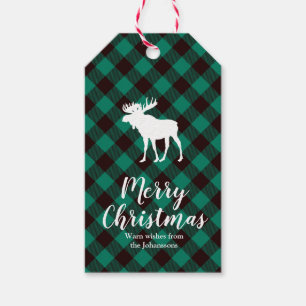 Étiquettes-cadeau Moose et Buffalo Green Plaid Motif Noël