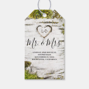 Étiquettes-cadeau Mossy Birch Tree Heart M. et Mme la Mariage