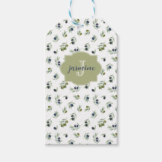 Étiquettes-cadeau Motif chic aquarelle Monogramme nom Vert Olive (Devant)