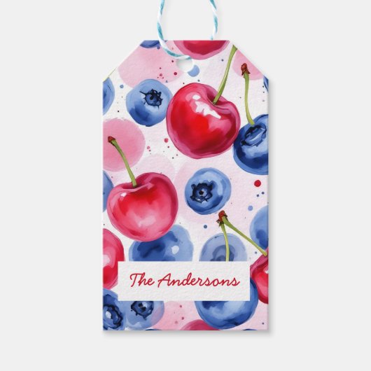 Étiquettes-cadeau Motif de cerisier de fruits bleu rouge (Devant)