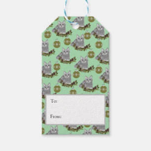Étiquettes-cadeau Motif de chat gris avec ornements verts