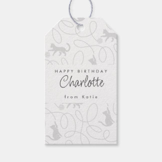 Étiquettes-cadeau Motif de chat gris clair ludique pour anniversaire