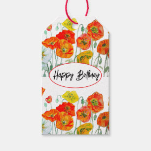 Étiquettes-cadeau Motif de fleur de pavot rouge orange aquarelle mar