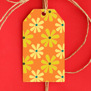 Étiquettes-cadeau Motif de marguerites rétro des années 70 jaune ora
