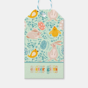Étiquettes-cadeau Motif de Pâques avec oeufs, lapin, poussin, fleurs