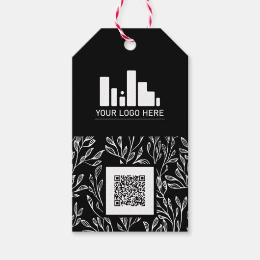 Étiquettes-cadeau Motif de verdure noir Votre logo et code QR (Devant)