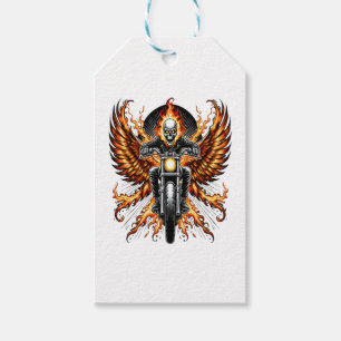 Étiquettes-cadeau Motocyclette ailée flamboyante de motard crânien