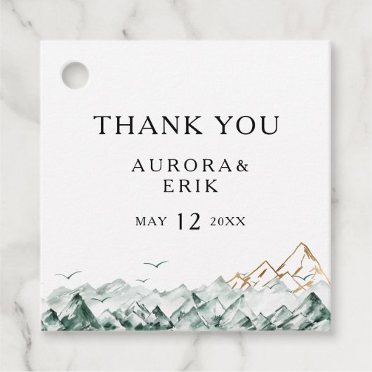Étiquettes Cadeau Mots clés Merci Vert et Gold Mountain Favoriser (Devant)
