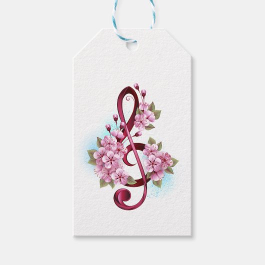 Étiquettes-cadeau Musical treble clef notes with sakura flowers (Devant)