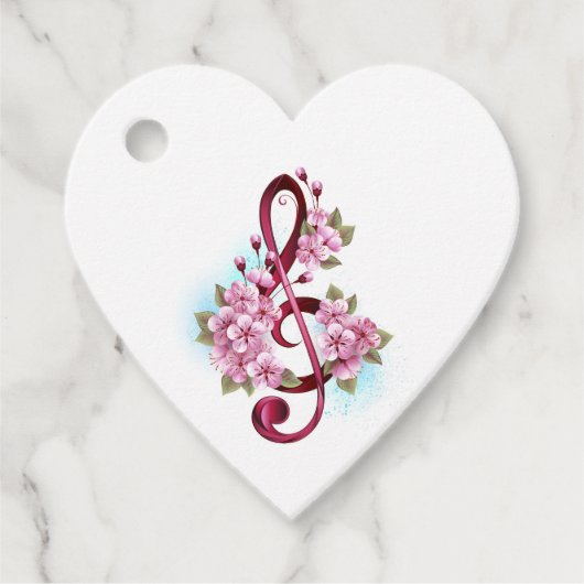 Étiquettes Cadeau Musical treble clef notes with sakura flowers (Devant)