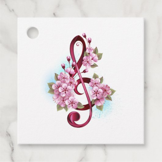 Étiquettes Cadeau Musical treble clef notes with sakura flowers (Devant)