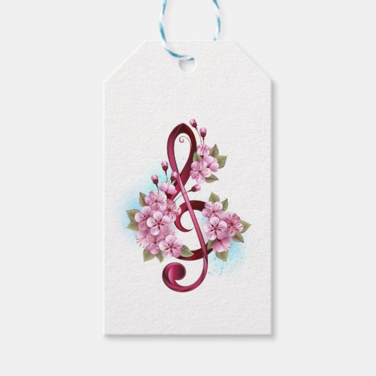 Étiquettes-cadeau Musical treble clef notes with sakura flowers (Devant)