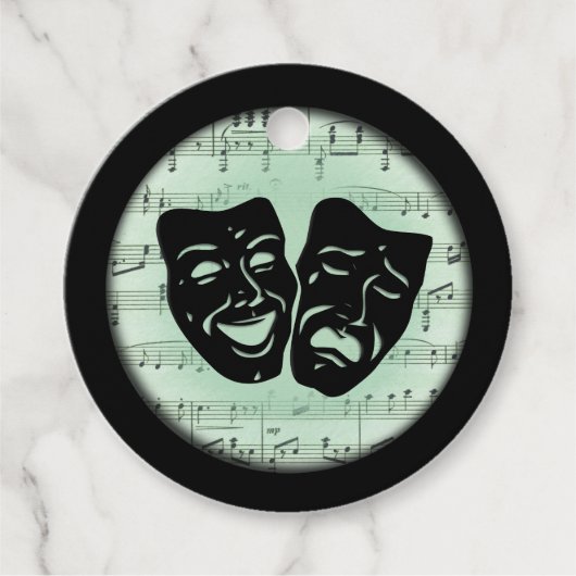 Étiquettes Cadeau Musique verte et masques grecs de théâtre (Devant)