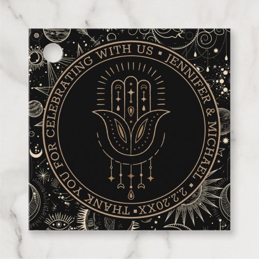 Étiquettes Cadeau mystique céleste or noir mariage merci (Devant)