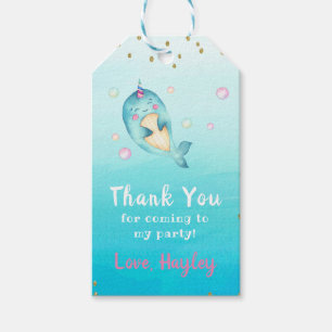 Étiquettes-cadeau Narwhal Watercolor Pastel Girls Anniversaire Party