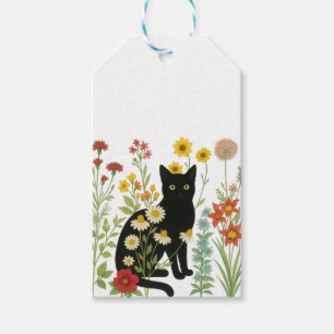 Étiquettes-cadeau Nature botanique – Chat noir dans un jardin de fle