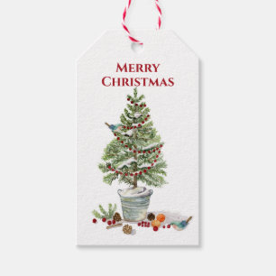 Étiquettes-cadeau Nature Oiseau Noël Arbre Aquarelle Rustique Plaid