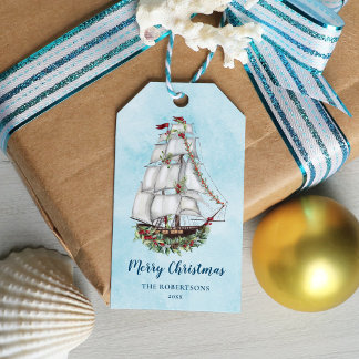 Étiquettes-cadeau Nautique bateau à voile couleur de Noël