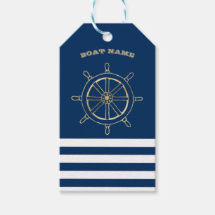 Étiquettes-cadeau Nautique, Roue de bateau dorée, Rayures bleu marin