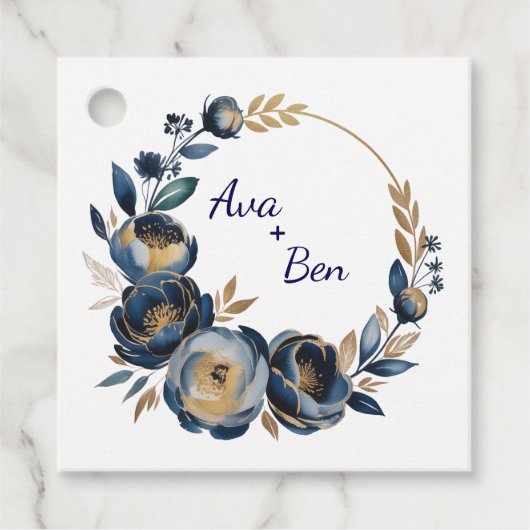 Étiquettes Cadeau Navy Blue and Gold Peony Flower Wedding (Devant)