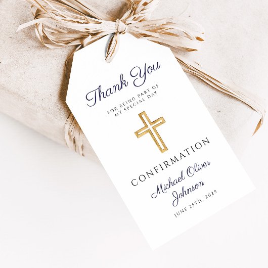 Étiquettes-cadeau Navy Blue Religious Cross Boy Confirmation