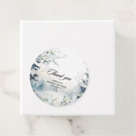 Étiquettes Cadeau Neige amoureuse bleu poussiéreux Mariage d'hiver S (En situation)