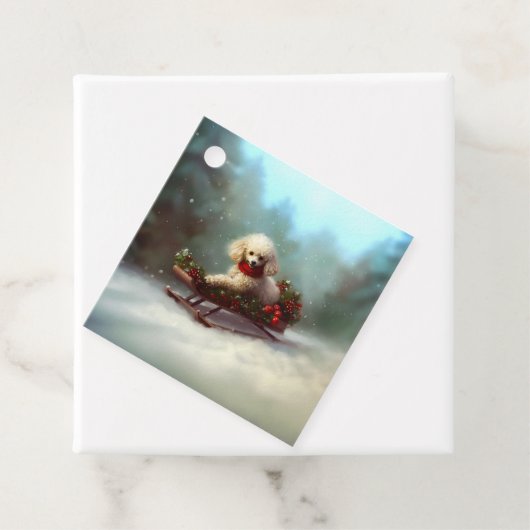 Étiquettes Cadeau Neige de Noël caniche hiver (En situation)