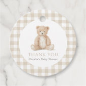 Étiquettes Cadeau Neutral Gingham Teddy Bear Baby Shower (Devant)