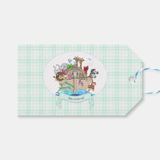 Étiquettes-cadeau Noah's Ark Mint Green En vichy Merci Cadeau (Devant (Horizontal))