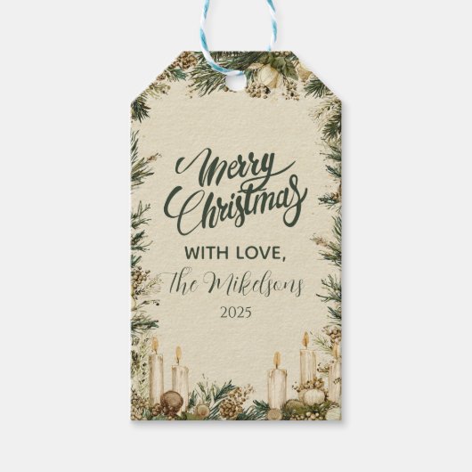 Étiquettes-cadeau Noël à la bougie de pin rustique (Devant)