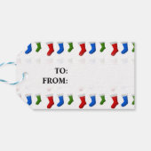 Étiquettes-cadeau Noël ; Bas de Noël rouges, bleus et verts (Dos Horizontal)
